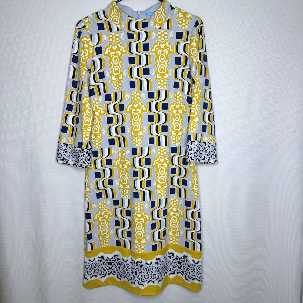 J.McLaughlin Shift Dress Catalina Cloth Geometric Yellow Gray Navy Blue size XS